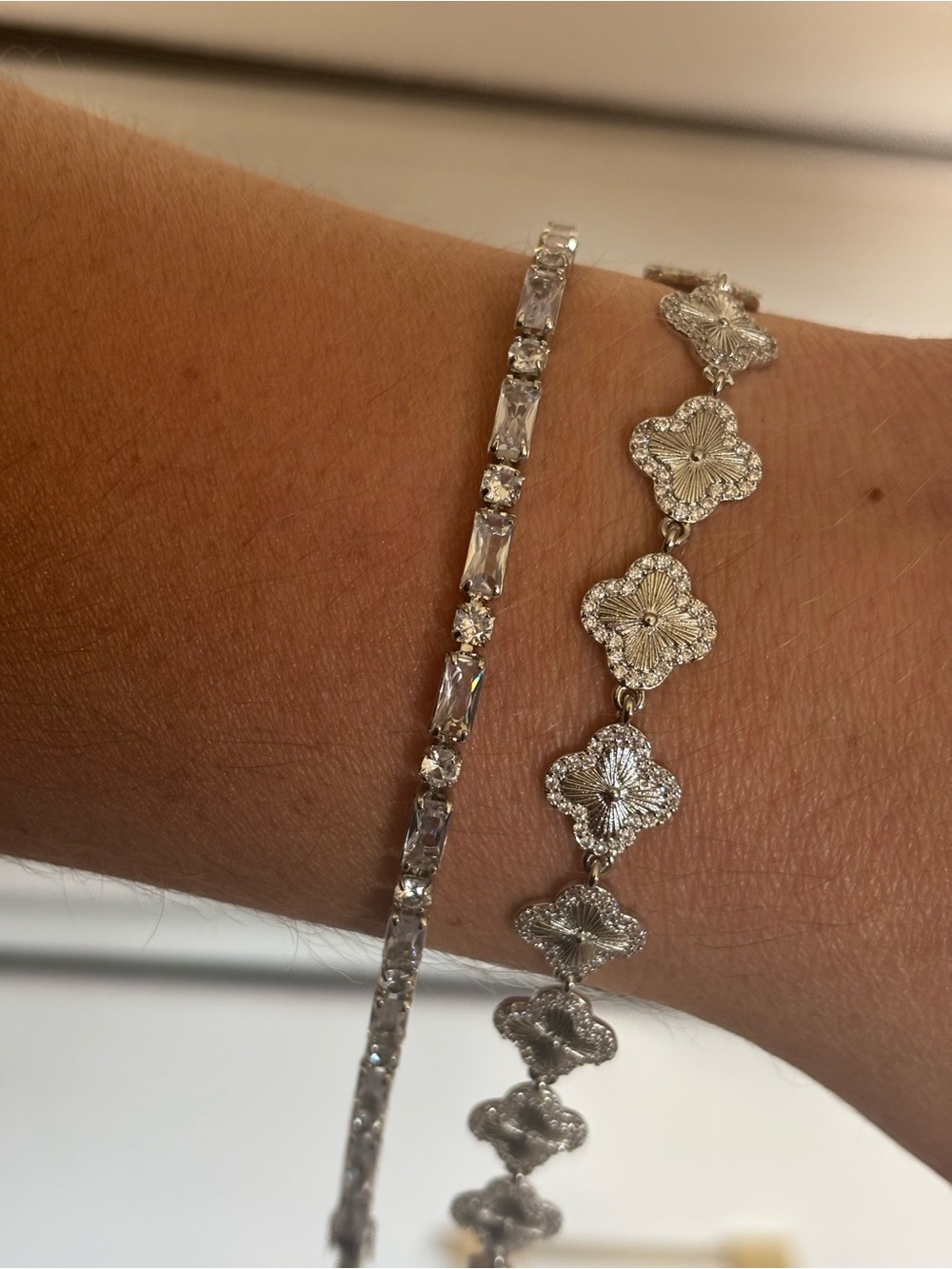 Silver Crystal Tennis Bracelet and Silver Clover Link Bracelet Set